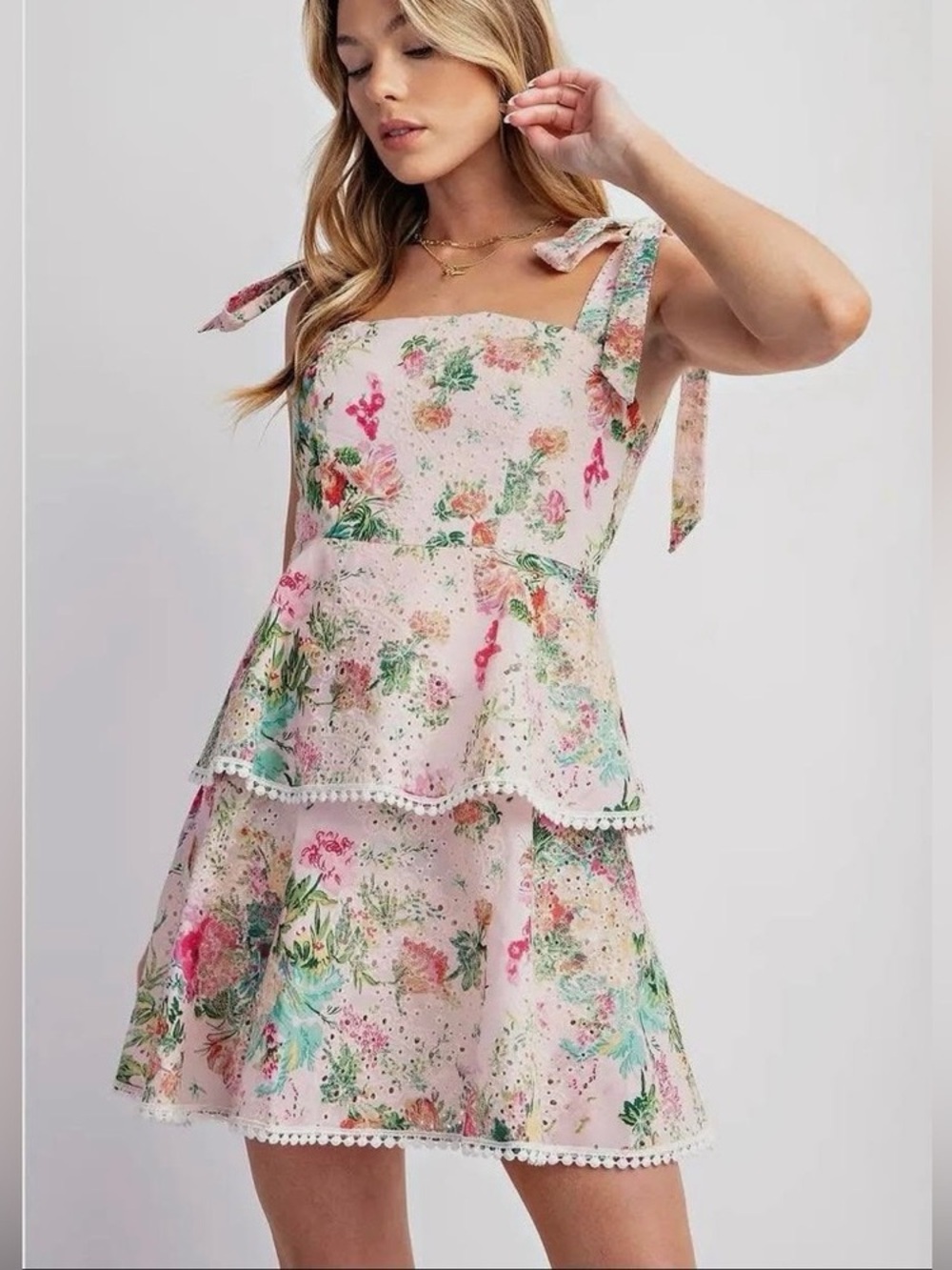 Floral Tie-Shoulder Tiered Mini Dress - Pink